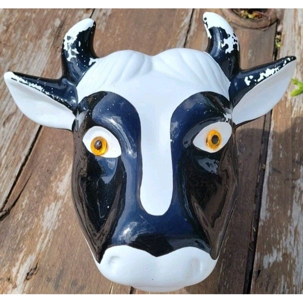 Vintage 80s White Ceramic Cow Bull Head Towel Apron Hat Hook Hanger Farmhouse